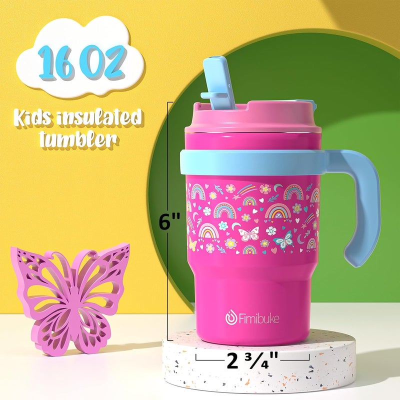 Fimibuke Kids Insulated Tumbler with Handle & Straw - 16oz Leak Proof Toddler Tumbler with Sip/Swig 2-in-1 Lid, BPA FREE 18/8 Stainless Steel Kids Water Bottle Drinking Cups Travel Mugs for Boys Girls - Image 3